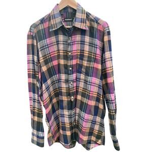 Paul Stuart Flannel Button Down Shirt Plaid Cotton Long Sleeve Pink Blue Large